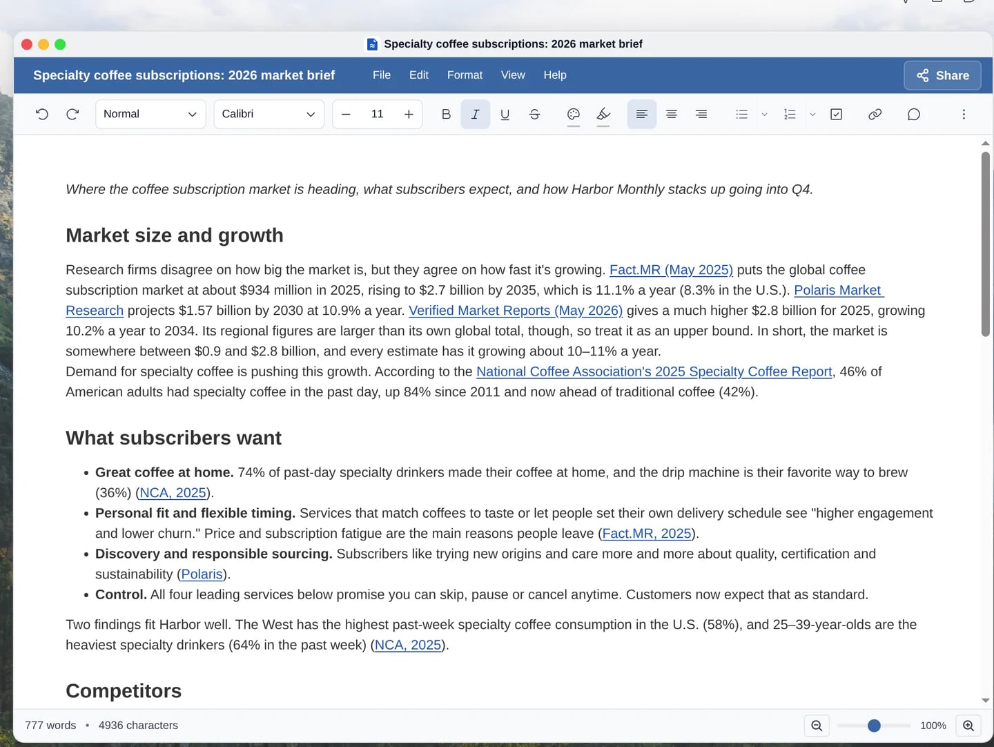 A specialty coffee market report in River Docs, scrolling from its findings to its cited sources.