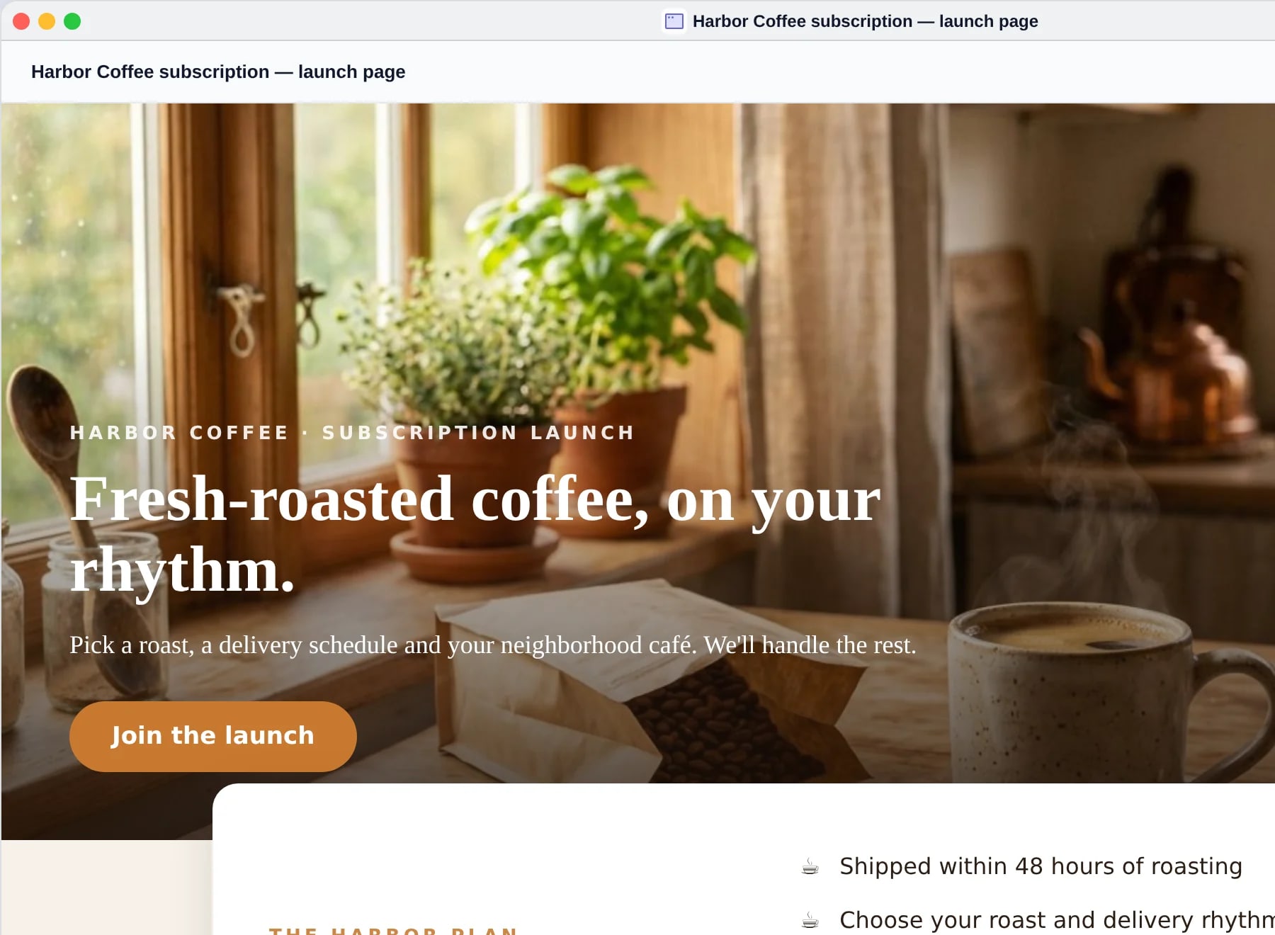A Harbor Coffee launch page River built, with its campaign image and pricing.