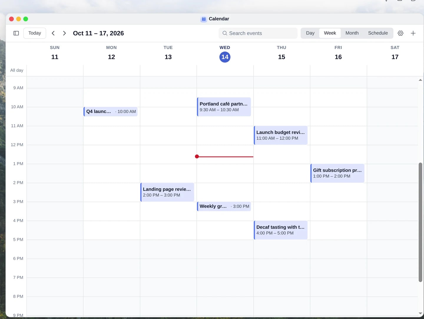 River Calendar with a week of Harbor Coffee launch meetings.