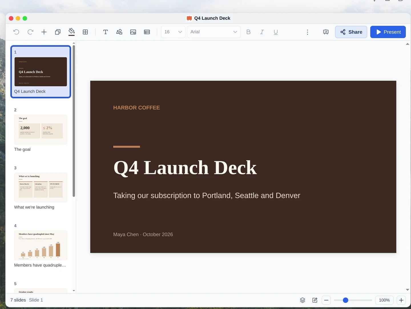 The Q4 launch deck in River Slides, flipping from the title slide to the timeline.
