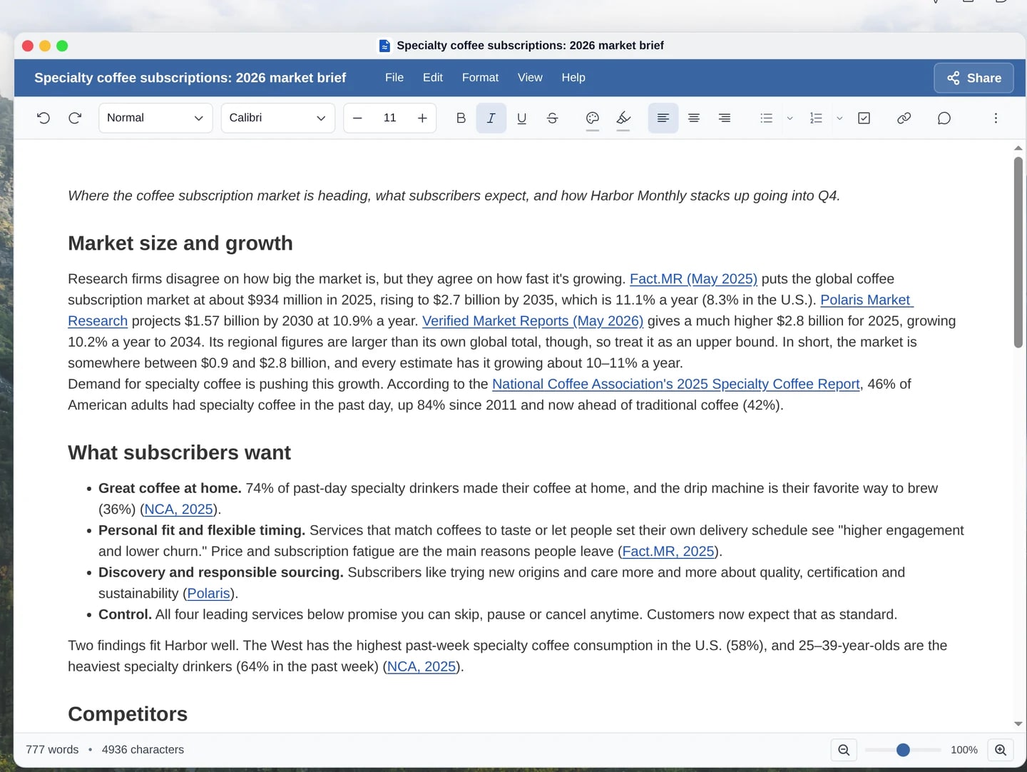 A specialty coffee market report in River Docs, scrolling from its findings to its cited sources.