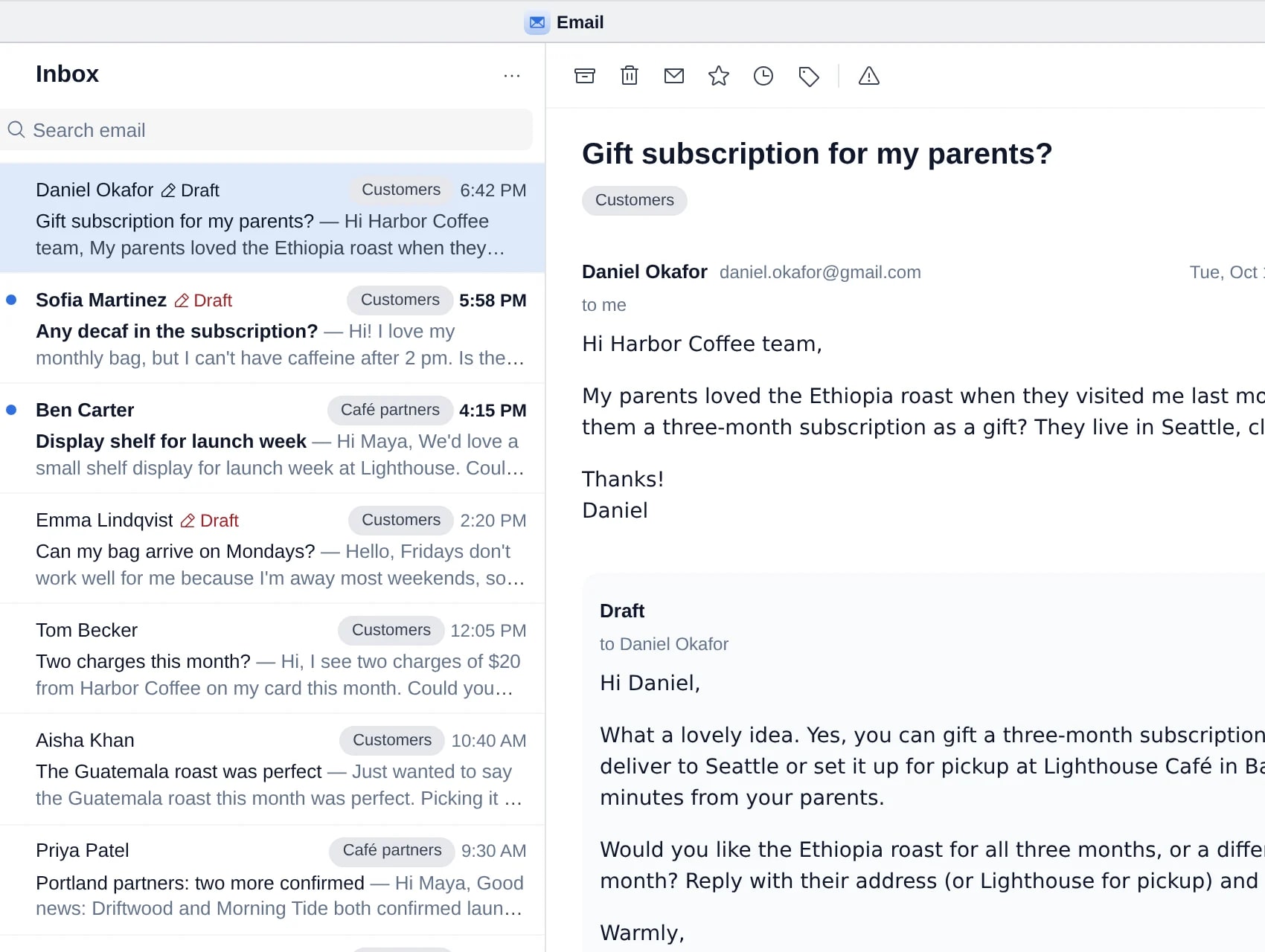 An inbox with drafted replies waiting for review.