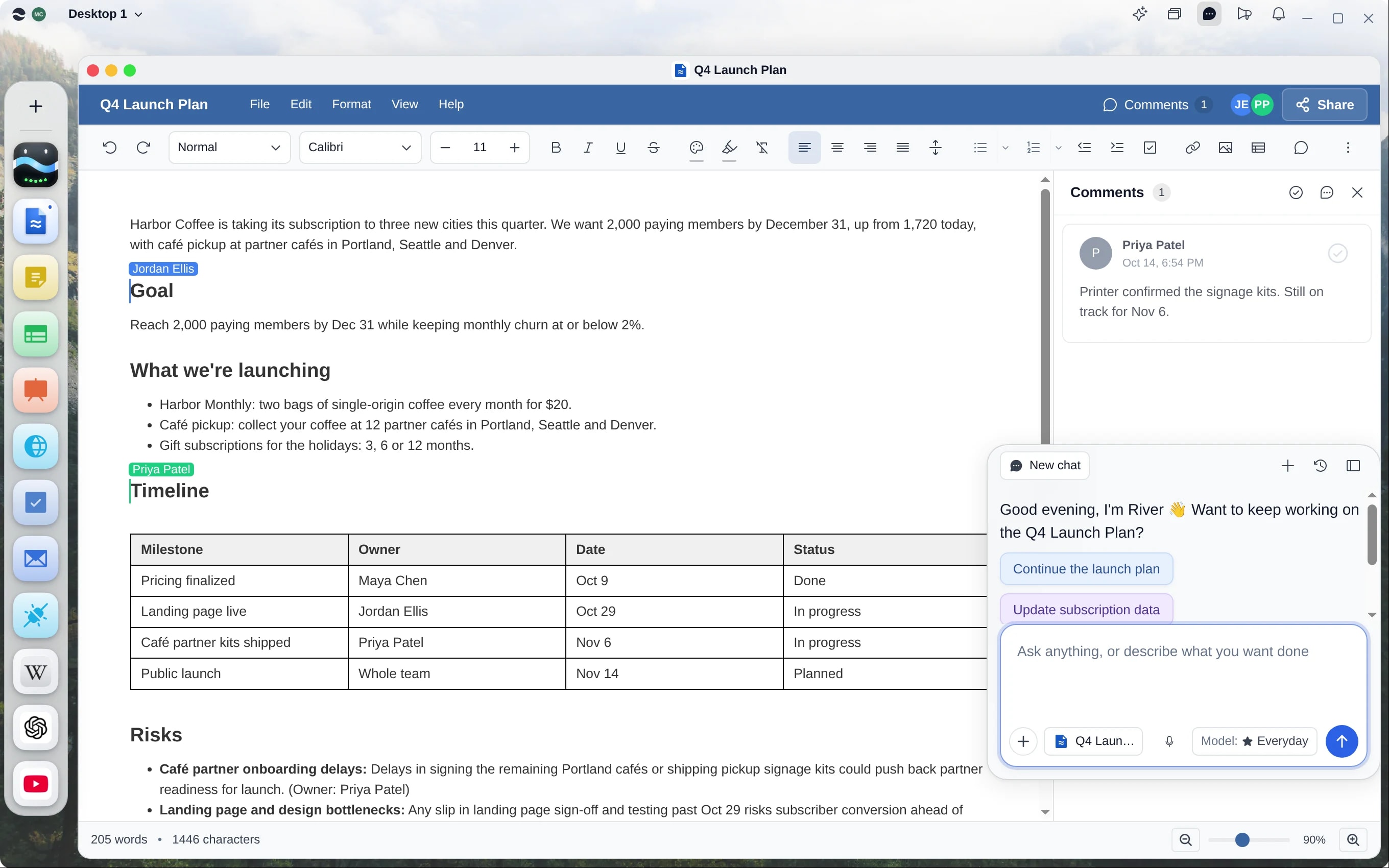Maya asks for a punchier intro in a comment; River answers in the thread and suggests the rewrite, and Maya accepts it while Jordan edits the same document.