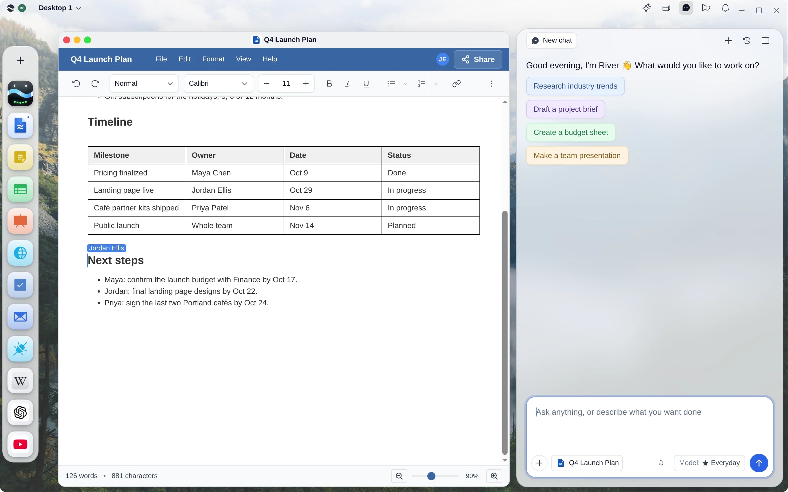 The River desktop: River adds a risks section to the Q4 launch plan while a teammate edits the same document.