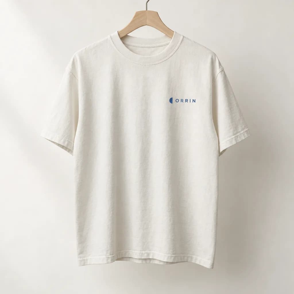 Bone white heavyweight tee on a wooden hanger with a small blue Orrin chest print