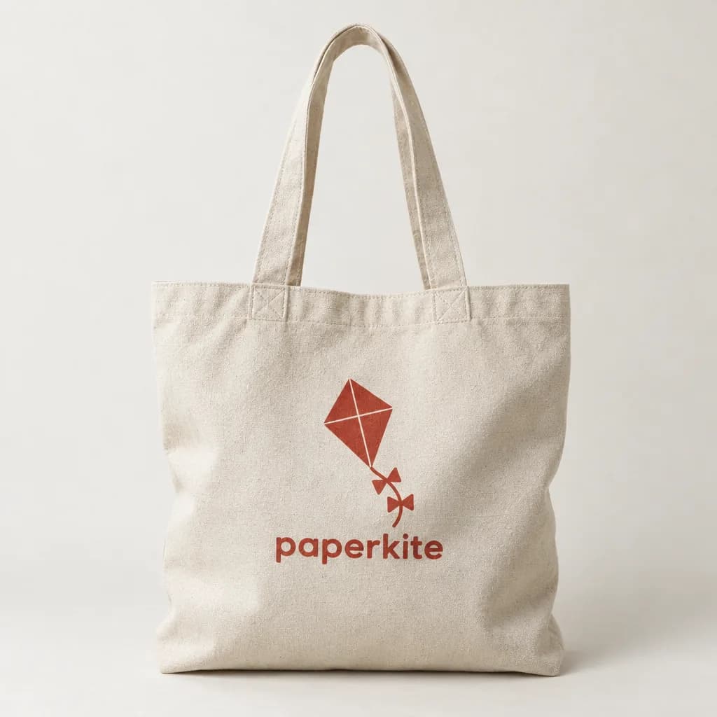 Natural canvas tote printed with a red paper kite and the word paperkite