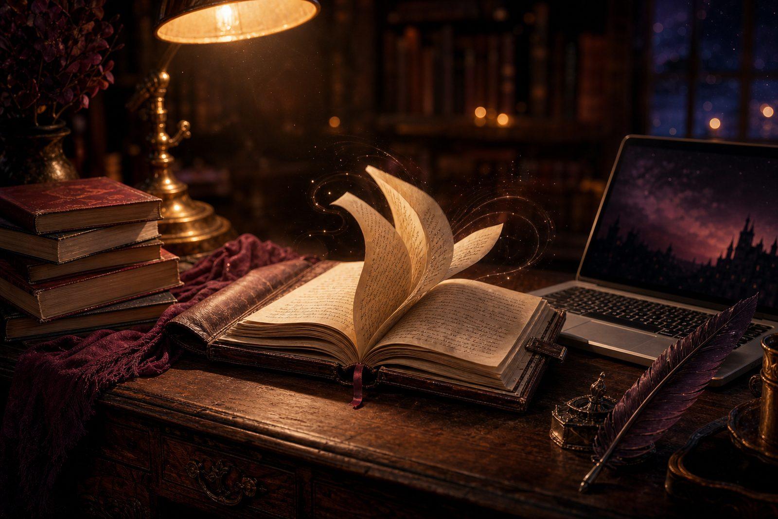 An open journal catching a warm, magical light on a writer's desk at night