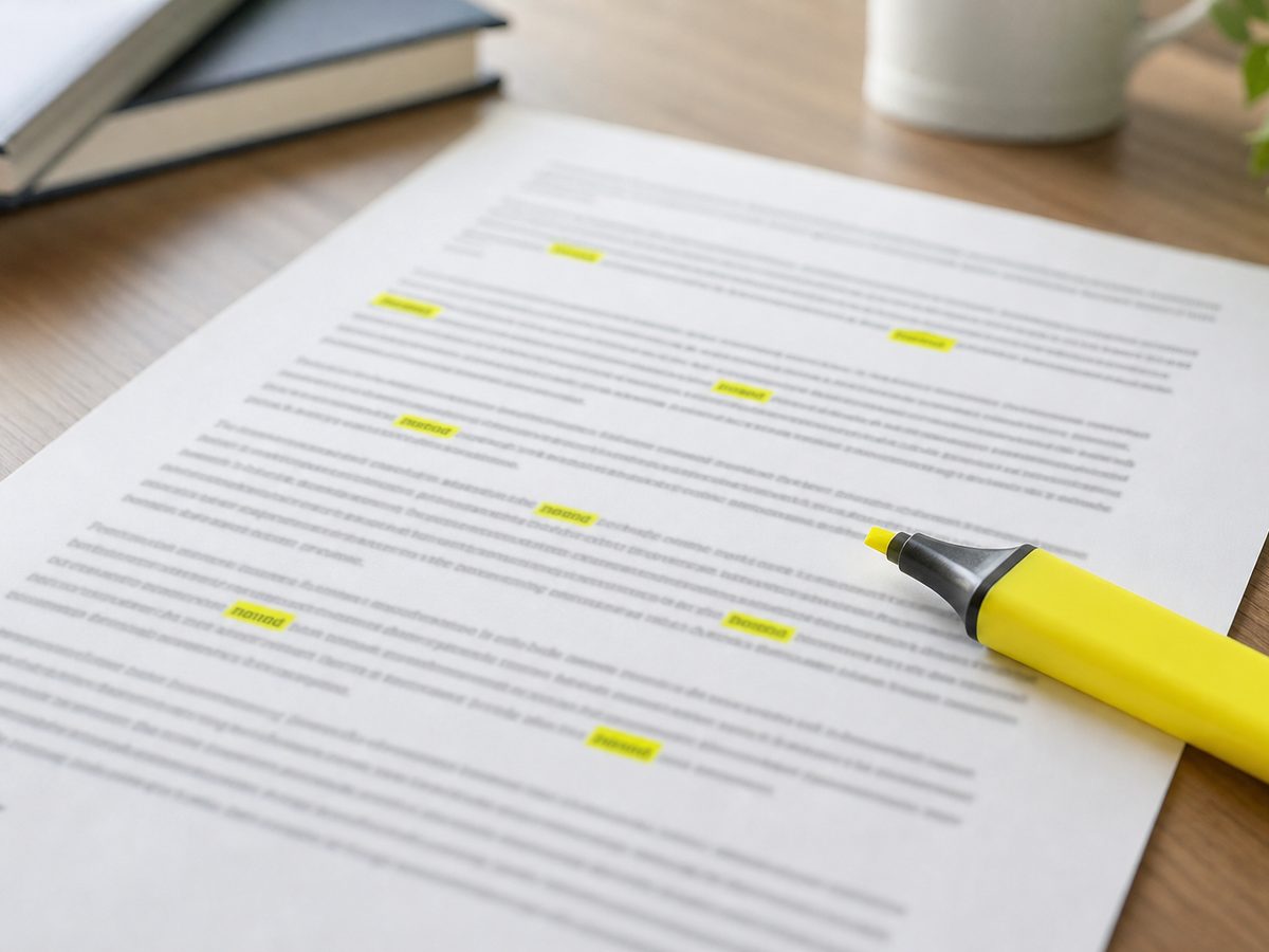 A printed document with a repeated word highlighted multiple times in yellow